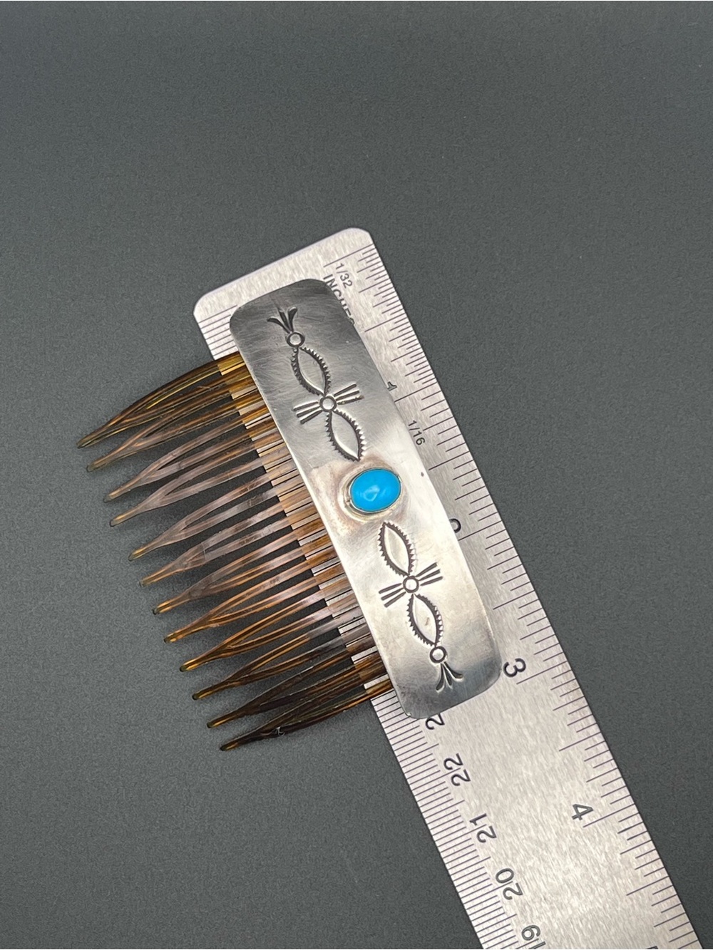 Native American Sterling Silver & Turquoise Hair Comb - Picture 3 of 6